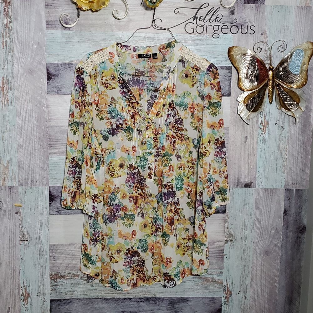 A.N.A Sz 2X Floral Slipover Semi-Sheer Casual Blouse Plus Size 425